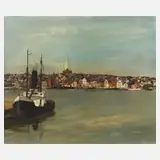 H. Regen, Stadt am Meer, Öl auf Leinwand