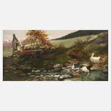 F. Walter, Enten am Brunnen, Öl auf Pappe