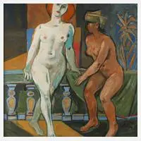 Kurt Bunge, Zwei Akte auf dem Balkon, Tempera auf Hartfaserplatte