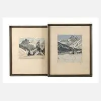 Hans Figura, Paar Winterlandschaften, Farbradierungen auf Seide und Bütten