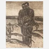 Hermann Pampel, Soldaten auf dem Gräberfeld, Kaltnadelradierung in Dunkelbraun
