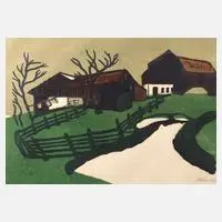 Heinz Schunn, Bauerngehöft im Frühling, 1965, Farbholzschnitt auf Papier