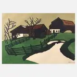 Heinz Schunn, Bauerngehöft im Frühling, 1965, Farbholzschnitt auf Papier