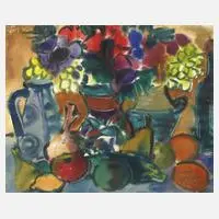 Rudolf Bredow, "Bunte Krüge, Anemonen und Gurke", Aquarell über Graphit auf Bütten