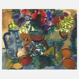 Rudolf Bredow, "Bunte Krüge, Anemonen und Gurke", Aquarell über Graphit auf Bütten