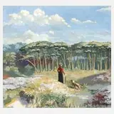 J. Coh, Spaziergängerin mit Hund, Gouache
