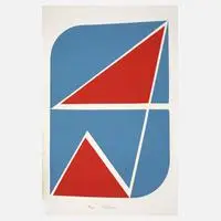 Hermann Glöckner, "Zeichen in Rot und Blau", Farbsiebdruck auf leichtem Karton
