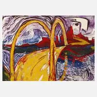 T. M. Rotschönberg, "Brücke bei Dresden", Farblinolschnitt mit pastosem Farbauftrag