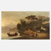 F. Heine, Mediterrane Seeuferlandschaft, Öl auf Leinwand und Keilrahmen