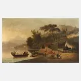 F. Heine, Mediterrane Seeuferlandschaft, Öl auf Leinwand und Keilrahmen