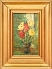 Kytica tulipánov by Mária Spoločníková, Okolo 1955, Olej na dreve, sold May 2022