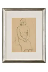 Mikuláš Galanda, Sediaca, Okolo 1933, Ceruza na papieri (kreslené na zadnú stranu grafického návrhu Jazdného poriadku Tatranskej železnice)