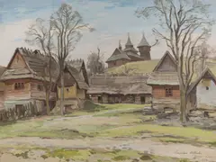Z ukrajinskej dediny na východnom Slovensku by Jaroslav Votruba, 1952, Tempera na kartóne, sold Jun 2020