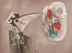 Veselý deň s blindrámom by Ferdinand Hložník, 1967, Olej na plátne, sold Jun 2020