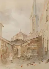 Ľudovít Feld, Dvor domu Barkóczyovcov v Košiciach, 1962, Akvarel na papieri
