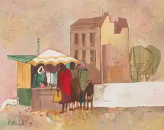 Na nákupoch by Ferdinand Hložník, 1959, Tempera, gvaš na papieri, sold Mar 2020