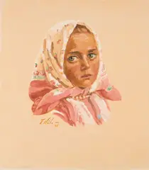 Jan Hála, Važecké dievča v kvetovanej šatke (Hanka Sečková), 1946, Olej na plátne, dublované kartóne