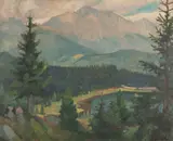 Géza Angyal, Vysoké Tatry (Končistá od Nového Štrbského plesa), Okolo 1940, Olej na lepenke