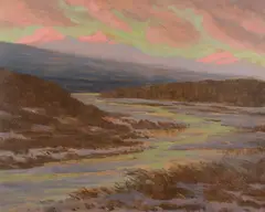 Nándor Katona, Západ slnka pri rieke Poprad, Okolo 1900 - 1910, Olej na kartóne