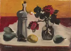 Jacob Bornfriend, Zátišie s hruškami, citrónmi a ružou, Okolo 1950, Olej na plátne
