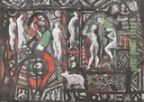 Béla Kádár, Kompozícia, Okolo 1920-1935, Gvaš, olejová tempera, kombinácia techník na papierovom kartóne
