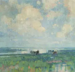Kravky v močaristej krajine by Ján Grotkovský, Okolo 1940, Olej na plátne, sold Jun 2019