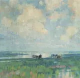 Ján Grotkovský, Kravky v močaristej krajine, Okolo 1940, Olej na plátne