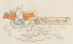 Jan Hála, V zime s povozom, 1948, Kresba perom, tušom, kolorovaná akvarelom na papieri