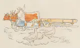Jan Hála, V zime s povozom, 1948, Kresba perom, tušom, kolorovaná akvarelom na papieri