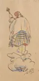 Jan Hála, Žena s praslicou, 1944, Kresba perom, tušom, kolorovaná akvarelom na papieri