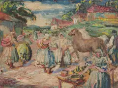 Július Jakoby, Na trhu Okolo, 1940, Olej na kartóne
