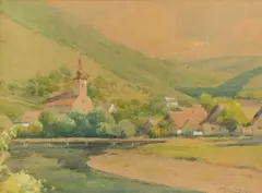 Ľudovít Csordák, Krajina s kostolom, Okolo 1920, Akvarel na papieri