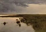 Béla Adalbert Spányi, Západ slnka (Močiar s bocianom), Okolo 1890, Olej na plátne