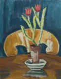 Ernest Zmeták, Tulipány v črepníku, 1965, Olejová tempera na dreve