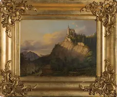 Jozef Ginovský, Krajina s kostolom na brale, 1855, Olej na dreve