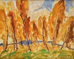 Jeseň v Piešťanoch by Jozef Kollár, Okolo 1980, Olej na sololite, sold Apr 2019