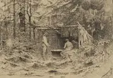 Traja v lese by Ladislav Mednyánszky, Okolo 1884-1885, Tuš na papieri, sold Apr 2019