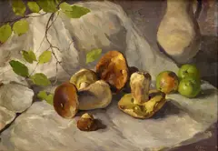 Péter Gyula Kern, Zátišie s dubákmi a jabĺčkami, 1944, Olej na kartóne