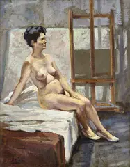 Július Flache, Sediaci ženský akt, Okolo 1950, Olej na plátne