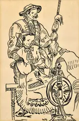 Pri priadke by Martin Benka, Okolo 1940, Kresba perom, štetcom tušom na papieri, sold Dec 2018