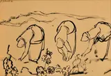 Vincent Hložník, Vyberanie zemiakov, 1948, Lavírovaná kresba tušom na papieri