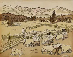 Na salaši by Jan Hála, 1956, Kresba perom, tušom, kolorovaná akvarelom na papieri, sold Nov 2018