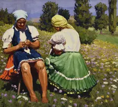 Jozef Teodor Mousson, Dve ženy na slnku, Okolo 1925, Olej na vrecovine