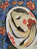 Mikuláš Galanda, Hlava ženy na kvetinovom pozadí, Okolo 1937 - 38, Tempera kombinácia kresbových techník na papieri