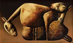 Rudolf Krivoš, Dve ovce II., 1985, Olej na lepenke