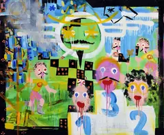 Erik Binder, Športovo-fajčiarsko-biblický motív, 2008, Kombinová technika na plátne
