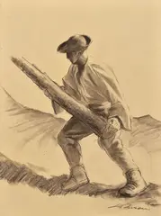 Ľudovít Križan, Chlap s brvnom, Okolo 1940, Lavírovaná kresba ceruzou, kombinácia techník na papieri