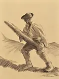 Ľudovít Križan, Chlap s brvnom, Okolo 1940, Lavírovaná kresba ceruzou, kombinácia techník na papieri
