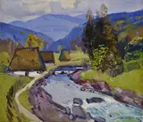 Michailovič Anton Kaššaj, Podkarpatská usadlosť s potokom, Okolo 1970, Olej na plátne