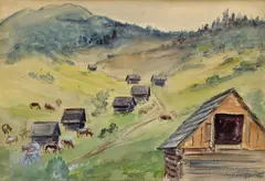 Eugen Lehotský, Senníky na Bielom Potoku, 1958, Akvarel na papieri